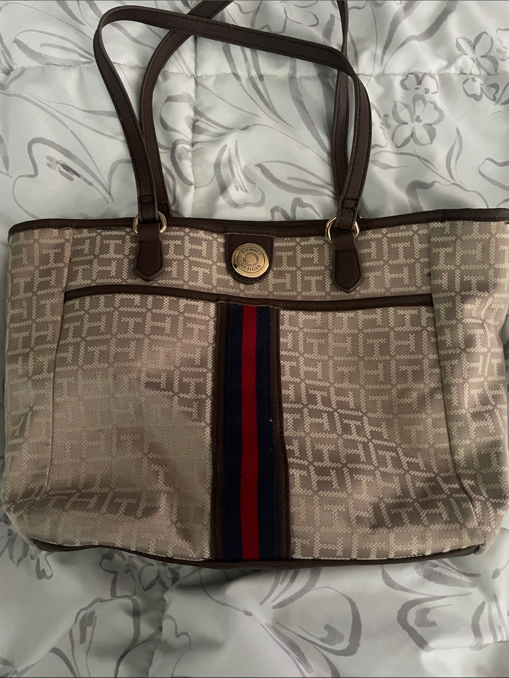 Tommy Hilfiger Beige Tote with Red and Navy Center Stripe